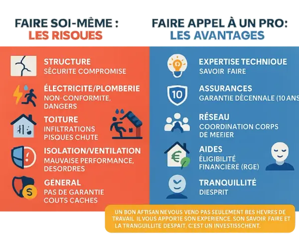 Avant/après rénovation maison ancienne : risques du bricolage vs avantages du pro. Expertise, assurances, aides, tranquillité.