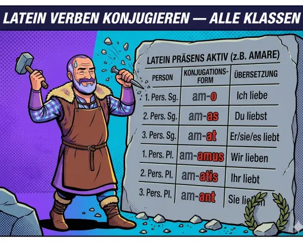 Ein Mann meißelt die Konjugation lateinischer Verben in Stein. Die Tabelle zeigt Präsens Aktiv von "amare".