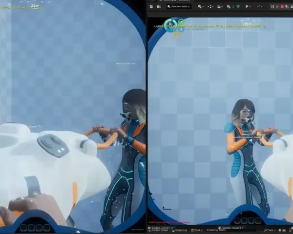 Jugando Subnautica 2 en PS5, una exploradora interactúa con una criatura blanca y naranja en un entorno acuático.