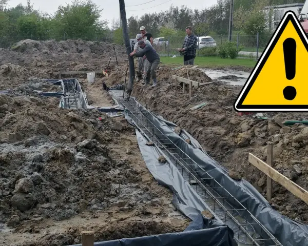 Budowa fundamentów w trudnych, błotnistych warunkach. Złożone warunki gruntowe wymagają szczególnej ostrożności.