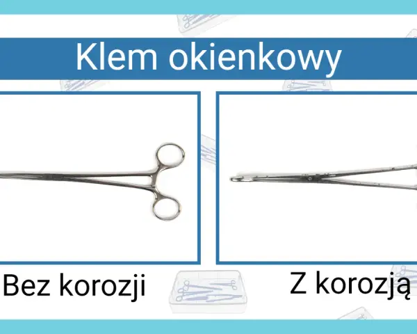 Klem okienkowy: narzędzia chirurgiczne nazwy. Po lewej klem bez korozji, po prawej z widocznymi śladami korozji.