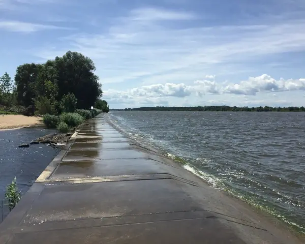 Betonowy falochron w miejscu ujścia Wisły. Woda faluje, a po lewej stronie widać piaszczystą plażę i zieleń.