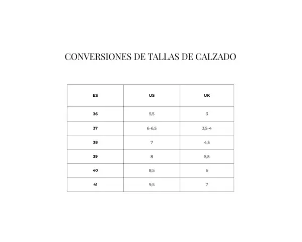 Tabla de equivalencia tallas UK España. Muestra conversiones de tallas de calzado ES, US y UK, desde la 36 hasta la 41.