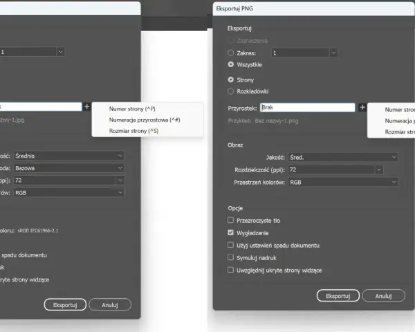 Ustawienia eksportu pliku png: jakość średnia, rozdzielczość 72 ppi, przestrzeń kolorów RGB. Opcje obejmują wygładzanie.
