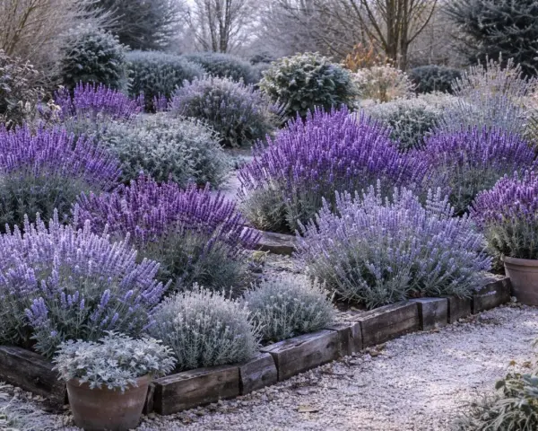 Ein Garten mit verschiedenen Lavendel-Sorten, die in voller Blüte stehen. Die violetten Blüten bilden einen schönen Kontrast zu den graugrünen Blättern und dem Kiesweg.