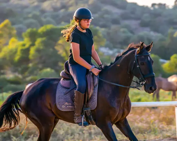 Jeune fille en casque et lunettes roses monte un cheval noir dans un ranch, le soleil couchant illumine la scène.