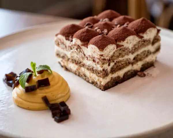Pyszne domowe ciasta na wesele: tiramisu i mus z galaretką, udekorowane miętą.