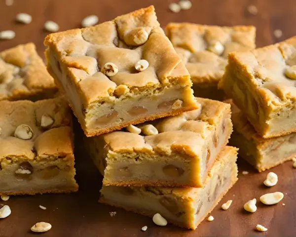 Słodkie brownie i blondie z orzechami makadamia, ułożone na drewnianej desce.
