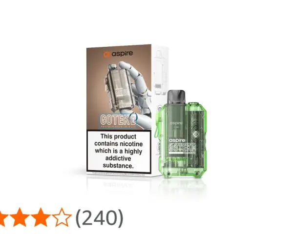 Aspire Gotek, un dispositivo pod transparente y verde con su caja.