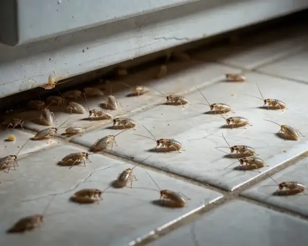 Un enjambre de cucarachas pequeñas se arrastra por el suelo de baldosas, buscando refugio bajo un mueble.