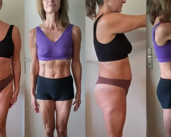 Transformation d'une femme après 50 ans : avant/après, montrant les résultats d'un programme pour se muscler.