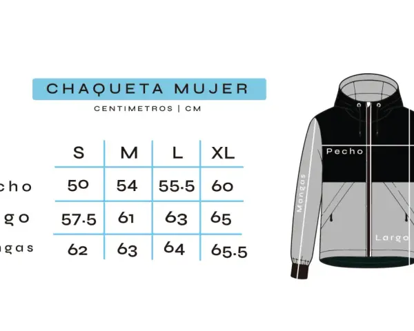 Guía de tallas de chaquetas mujer: medidas de pecho, largo y mangas en cm para tallas S, M, L, XL.
