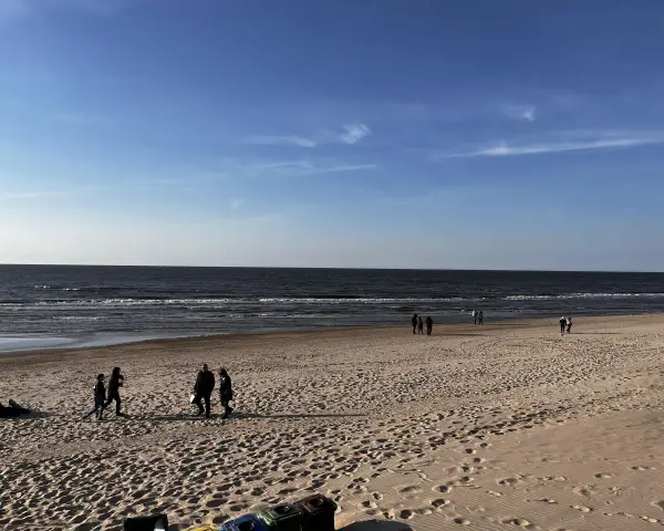 Plaża nad Bałtykiem z kilkoma spacerującymi osobami i widokiem na morze.