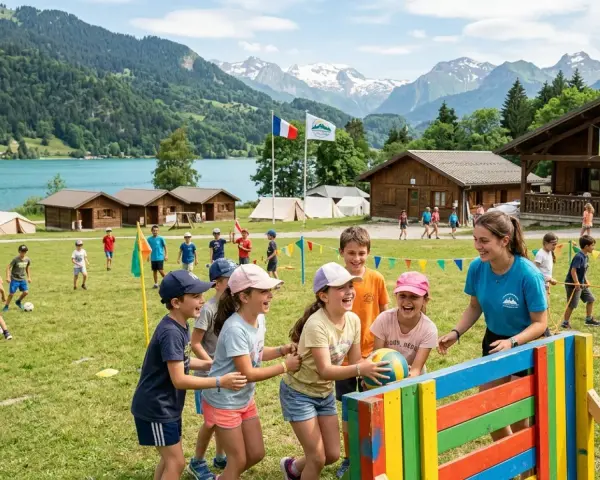 Animation colonie de vacances : des enfants rient en jouant avec un ballon, une monitrice les supervise. Paysage de montagne et lac en arrière-plan.