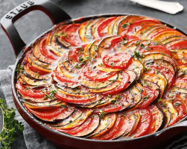 Ein wunderschönes Ratatouille-Rezept, das in einer roten Pfanne mit geschichteten Tomaten-, Zucchini- und Auberginenscheiben und frischen Kräutern präsentiert wird.