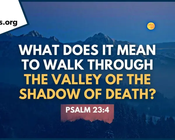A dark, mountainous landscape under a full moon, with text asking "What does it mean to walk through the valley of the shadow of death?