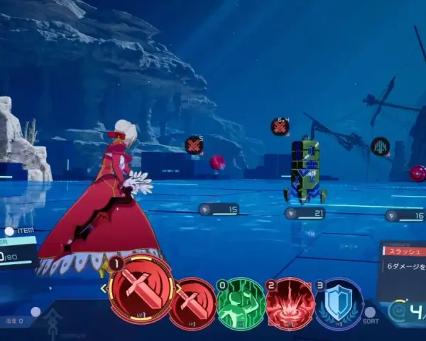Saber w czerwonej sukni w grze Fate/Extra Record, gotowa do walki. Na ekranie widoczne są ikony umiejętności i pasek życia.
