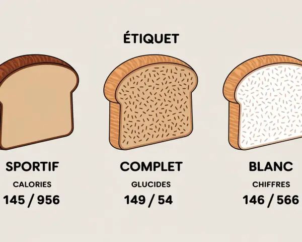 Trois tranches de pain : sportif, complet et blanc. Le pain complet fait il grossir ? L'image compare leurs valeurs nutritionnelles.