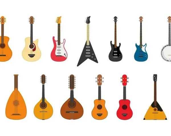 Rząd gitar akustycznych, elektrycznych i banjo obok rzędu lutni, mandolin i balalajki – różnorodne instrumenty muzyczne strunowe.
