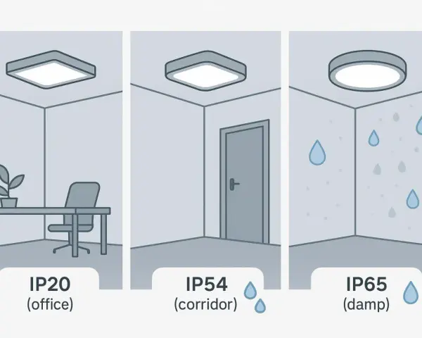 Trzy lampy sufitowe: IP20 w biurze, IP54 w korytarzu, IP65 w wilgotnym pomieszczeniu.