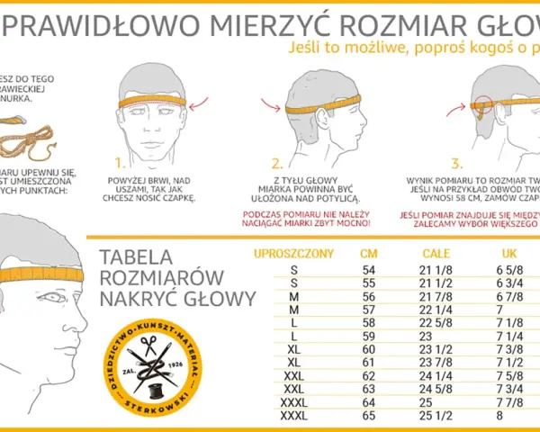 Instrukcja jak zmierzyć obwód głowy. Użyj miarki krawieckiej lub sznurka, umieszczając ją nad brwiami i uszami. Tabela rozmiarów pomoże dobrać czapkę.