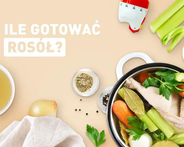 Ile gotować rosół? Garnek z kurczakiem, warzywami i przyprawami, obok miseczka z bulionem i timer w kształcie kurczaka.