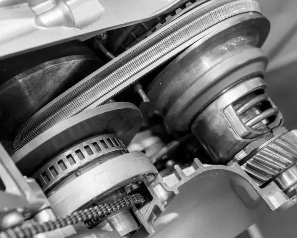 Zbliżenie na mechanizm bezstopniowej skrzyni biegów z widocznym pasem i kołami pasowymi.