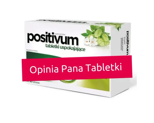 Pudełko tabletek uspokajających "positivum" z chmielem i kwiatami, z napisem "Opinia Pana Tabletki".