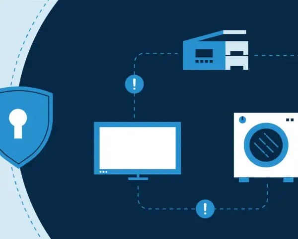 Shield icon protecting various access control IoT devices like a monitor, printer, and washing machine from potential threats.