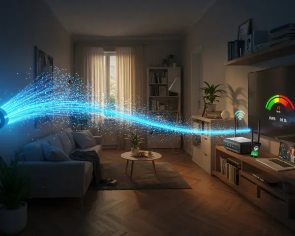 Światłowód dostarcza szybki internet do salonu, gdzie router zapewnia stabilne wifi 4. Telewizor pokazuje wskaźnik prędkości.