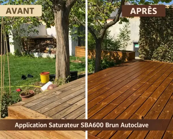 Avant/Après : un bois autoclave vieilli transformé par un saturateur brun. L'entretien redonne vie à la terrasse.