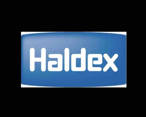 Niebieskie logo z białym napisem "Haldex".