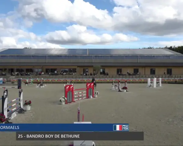 Daniel Dormaels et son cheval 25 - Bandro Boy de Bethune s'élancent sur la piste d'obstacles sous un ciel nuageux.