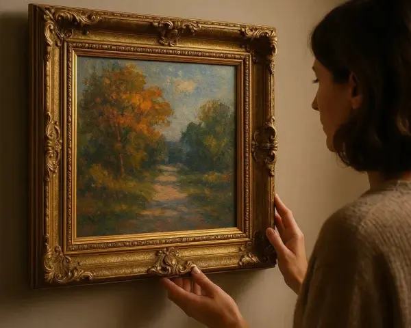 Une femme ajuste un tableau représentant un chemin forestier automnal, son cadre doré orné ajoutant une touche d'élégance.
