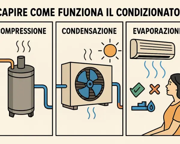 Illustrazione che spiega come funziona il condizionatore: compressione, condensazione ed evaporazione.
