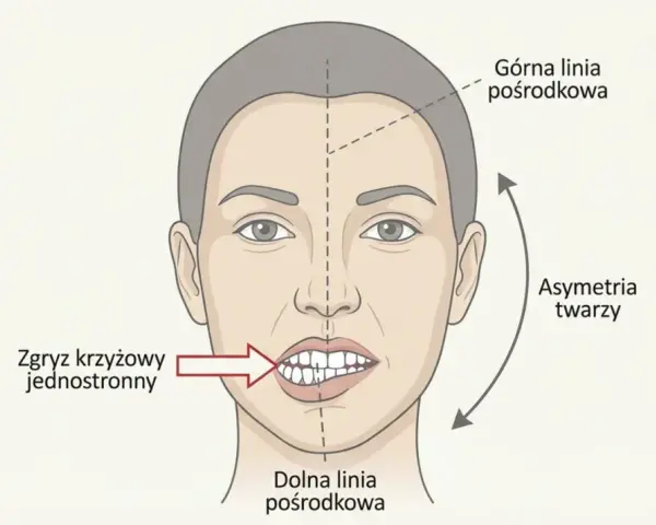 Ilustracja przedstawia asymetrię twarzy i zgryz krzyżowy jednostronny, co może być problemem u dziecka.