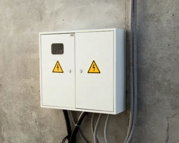 Biała skrzynka elektryczna na betonie z symbolami ostrzegawczymi. Przydatna przy wypełnianiu wniosku o określenie warunków przyłączenia PGE wzór.