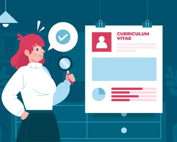 Donna con lente d'ingrandimento analizza un curriculum vitae, cercando il job title perfetto.
