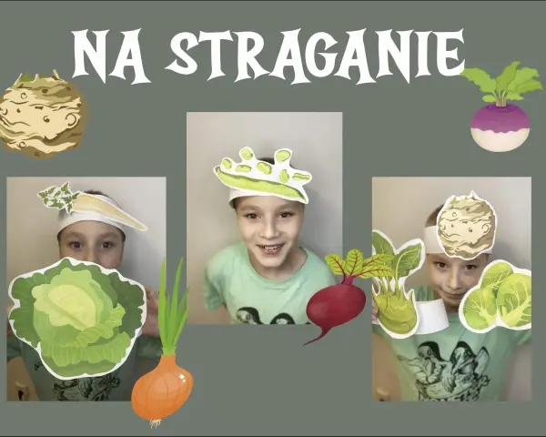 Dzieci w strojach warzywnych, jak na straganie wiersz. Wesołe twarze, marchewka, kapusta, burak, kalarepa, brukiew i seler.
