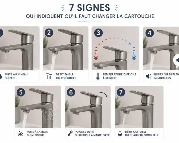 7 signes indiquant qu'il faut changer la cartouche : fuite, débit faible, température difficile à régler, bruits, poignée dure, débit instable. La durée de vie cartouche mitigeur est affectée par ces signes.
