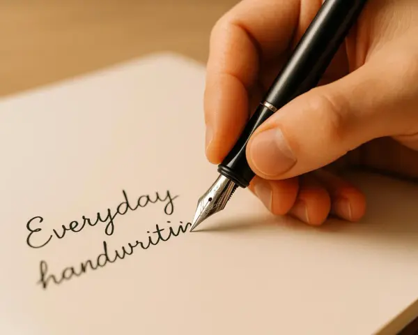 En hand håller en reservoarpenna och skriver "Everyday handwriting" på ett papper. Visar hur man håller en penna för vacker handstil.