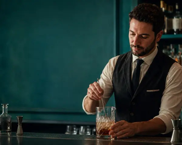 Barista esperto prepara un cocktail, con la sua paga base che riflette la sua abilità. Dietro di lui, bottiglie di liquori e un'atmosfera elegante.