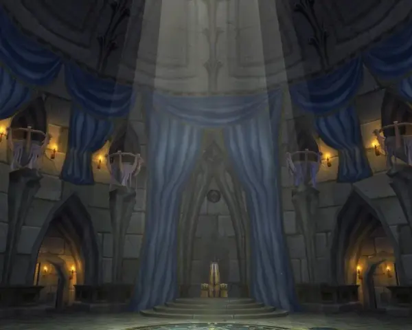 Majestueuse salle du trône ornée de draperies bleues, de torches et d'un trône doré au centre.