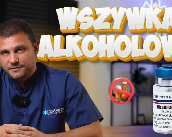 Lekarz wyjaśnia, jak działa esperal (Disulfiram WZF) w leczeniu alkoholizmu. Na zdjęciu widać buteleczkę z tabletkami i symbol zakazu spożywania alkoholu.