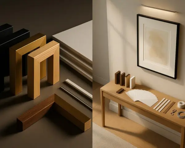 Pièces de bois et de métal pour faire un encadrement, avec un tableau déjà encadré sur une console.