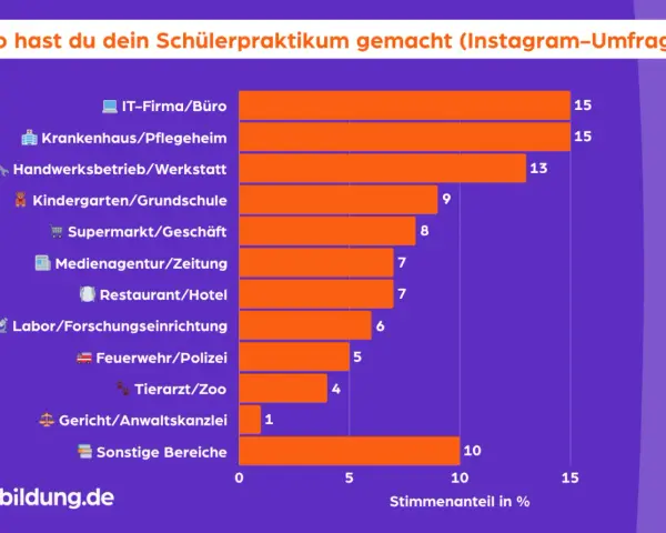Balkendiagramm zeigt, wo Schüler Praktika machen: IT/Büro und Krankenhaus/Pflegeheim sind am beliebtesten.