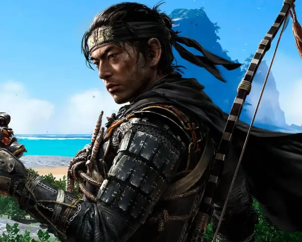 Samurái con arco y máscara, listo para la aventura. ¿cuanto dura Ghost of Tsushima? El juego ofrece muchas horas de exploración.