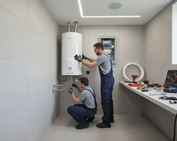 Tecnici controllano scaldino Chaffoteaux che non si accende. Attrezzi e tubi sul bancone.