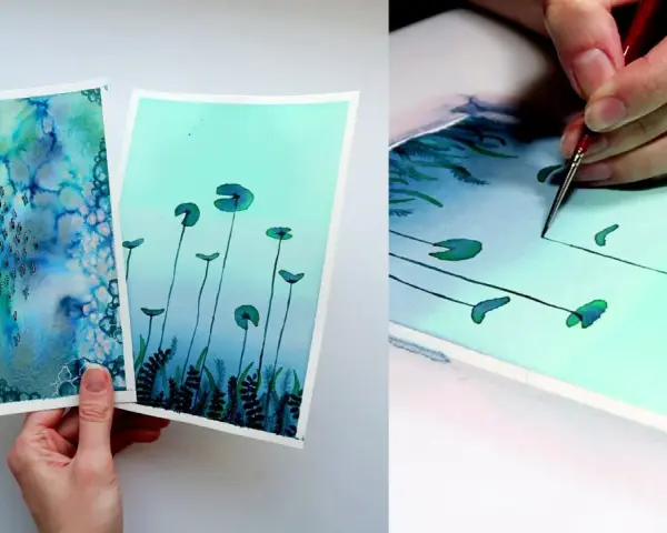 Dos hermosos dibujos a tinta y acuarela de temática acuática. Uno muestra un fondo azul vibrante con burbujas y peces, el otro lirios de agua sobre un fondo turquesa.