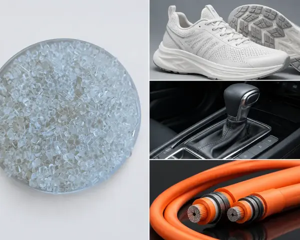 Gránulos de tpe material en un cuenco, zapatillas deportivas, palanca de cambios de coche y cables naranjas.